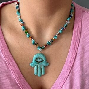 Turquoise Hamsa Necklace with Multicolor Beads